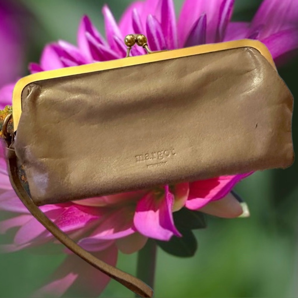 Margot Taupe Genuine Leather “Nova Frame” Kiss-lock Wallet/Wristlet